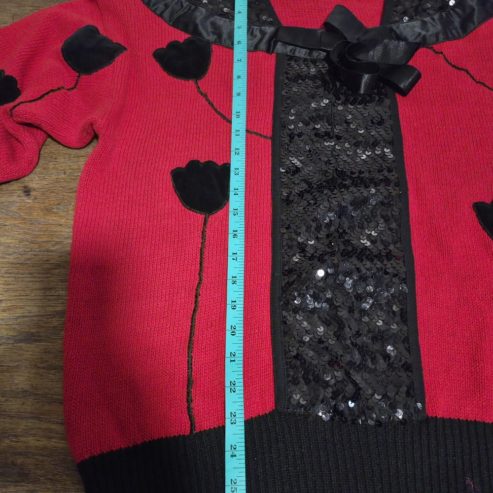 Vintage 80s Red Black Sequin Floral Tulip Cardigan Sweater Women's Plus Size 1X - Picture 10 of 10